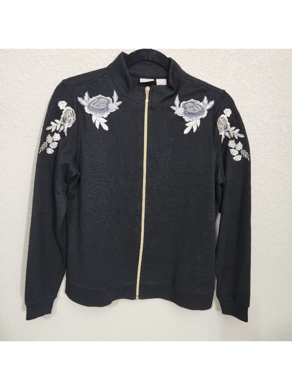 Chicosv Zenergy Cardigan Womens Size Small Black Full Zip Floral Embroidery